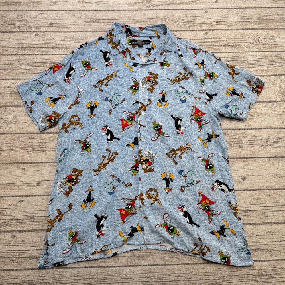 Looney Tunes Shirt Mens Large Blue All Over Print Rayon Short Sleeve Button Down